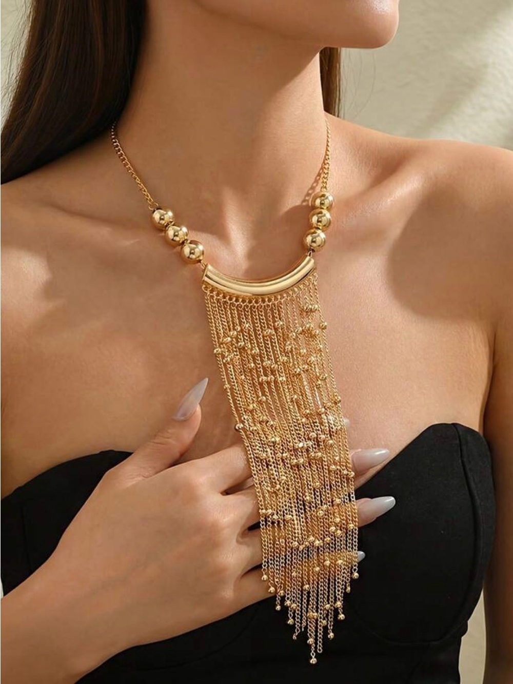 Gold Fringe Chain Necklace with Beaded Accent